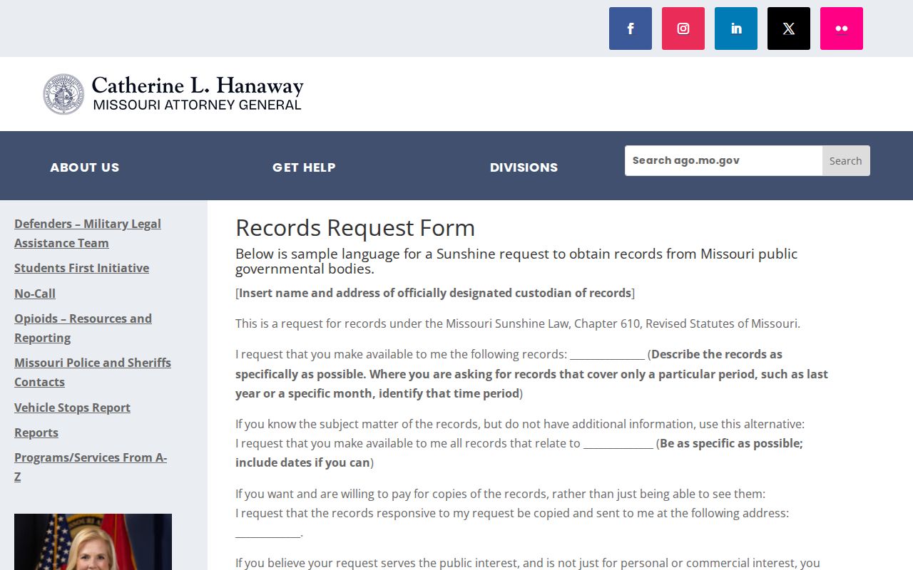 Missouri Sunshine Law sample records request