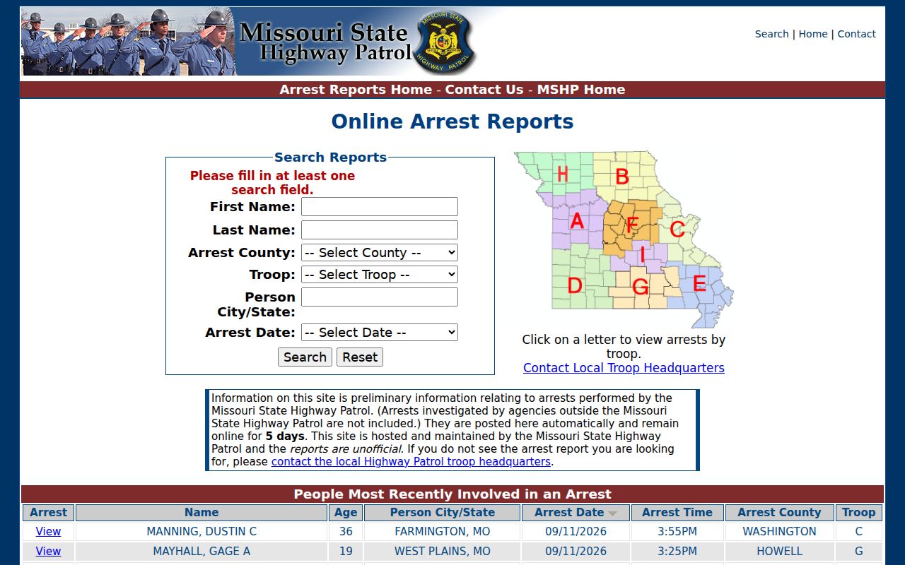 Missouri State Highway Patrol preliminary arrest search